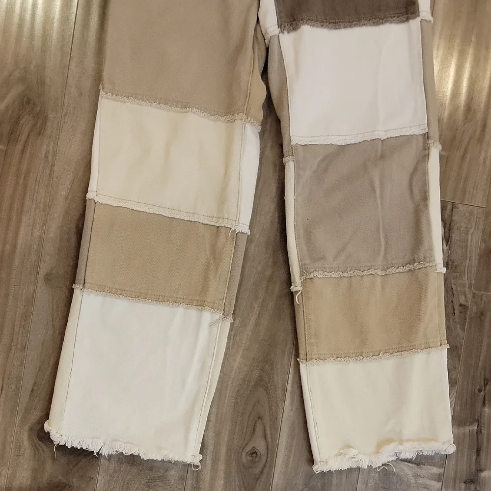 ❄️3/$30 Cream and Brown Patchwork Pants - Picture 3 of 6